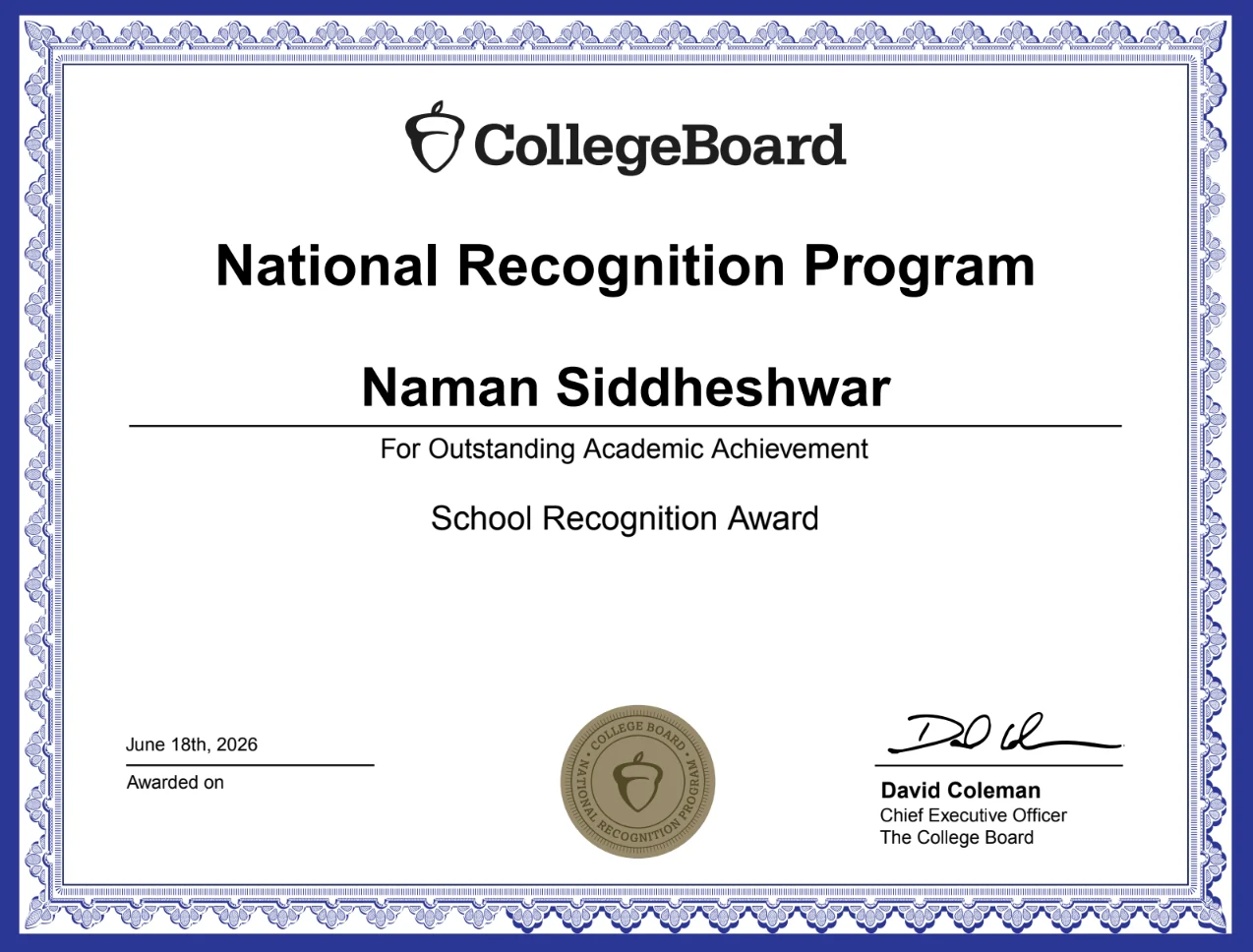 College Board National Recognition Program School Recognition Award certificate