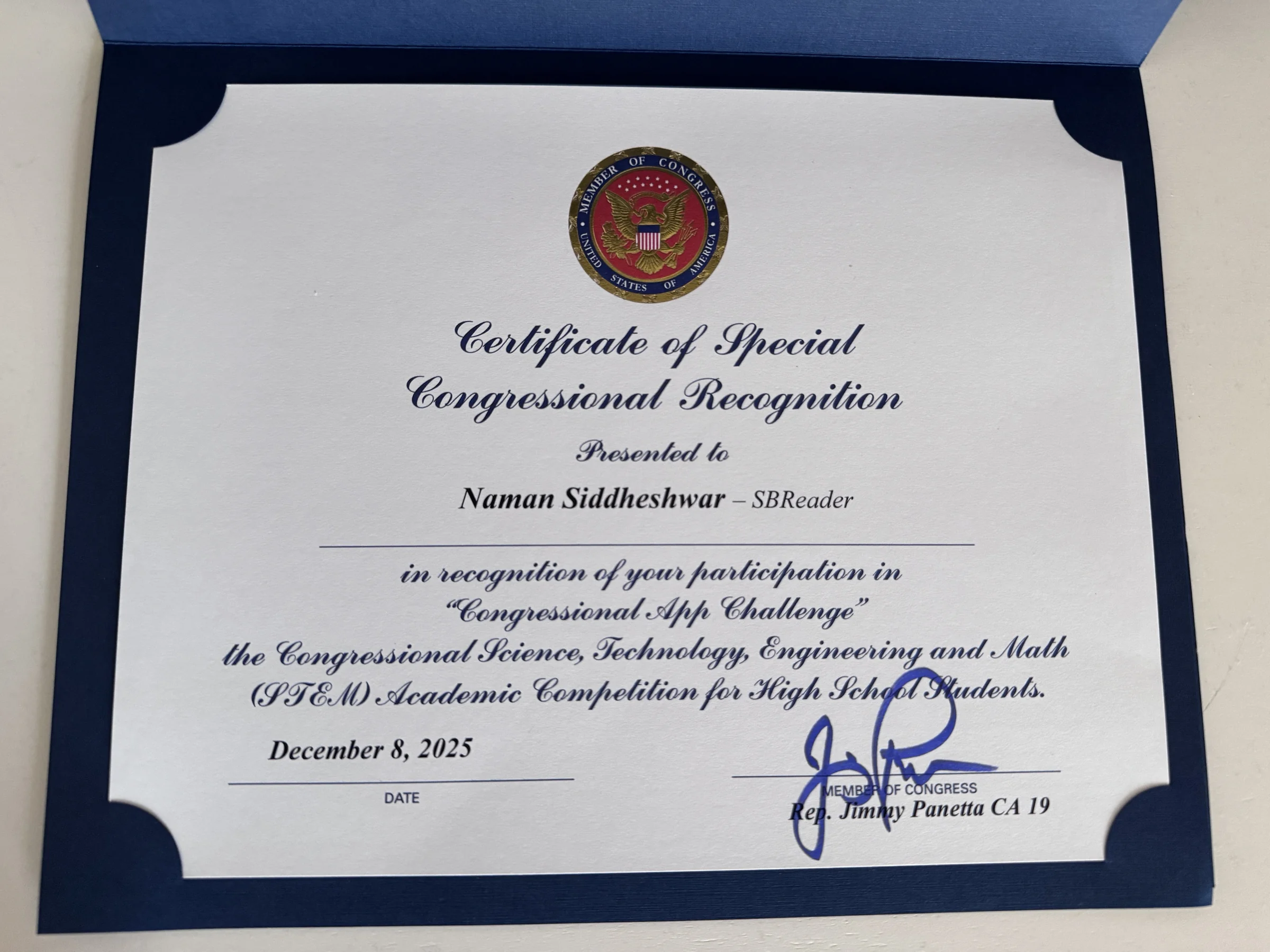 Certificate of Special Congressional Recognition for Congressional App Challenge participation