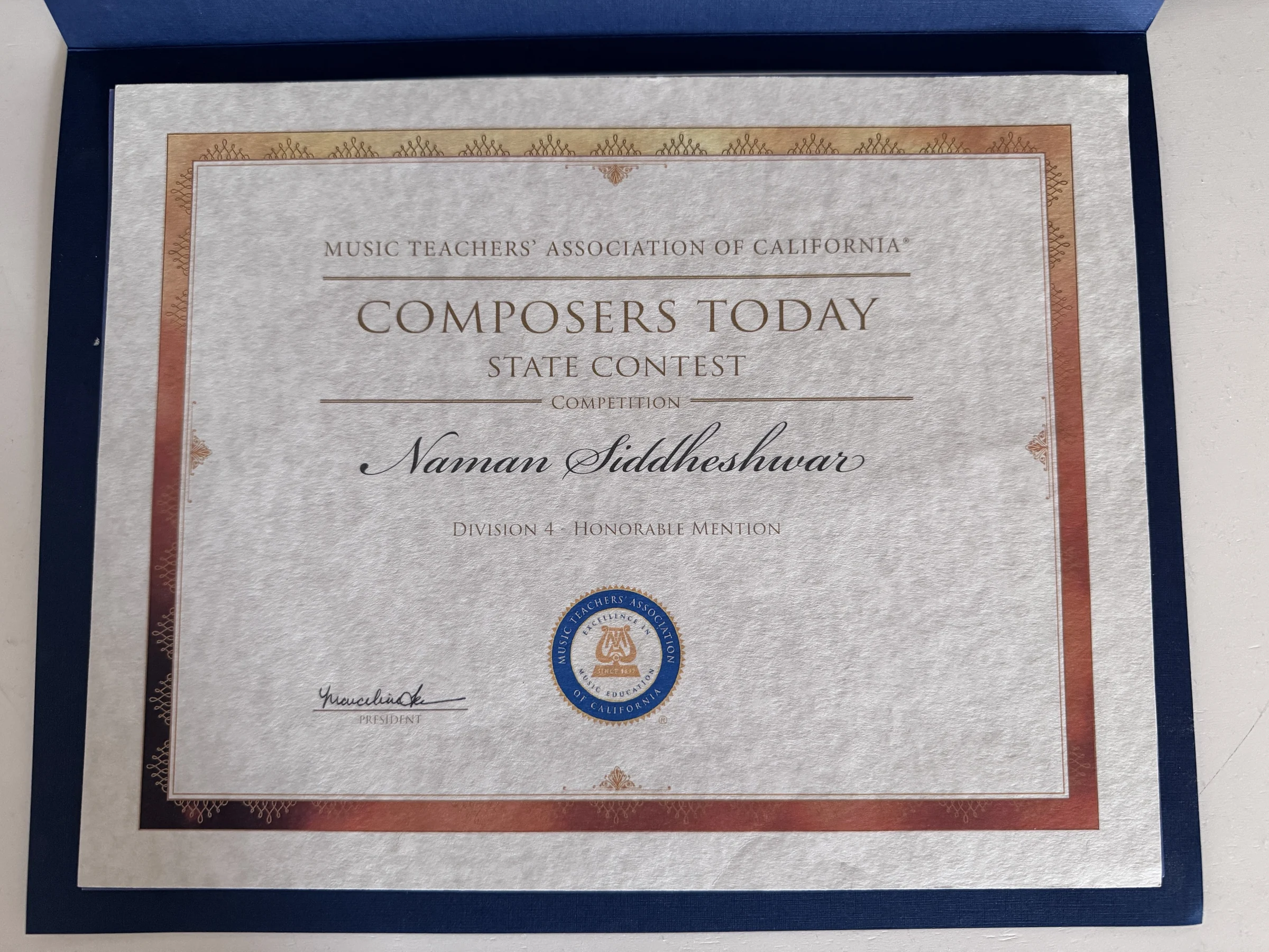 Music Teachers' Association of California Composers Today honorable mention certificate