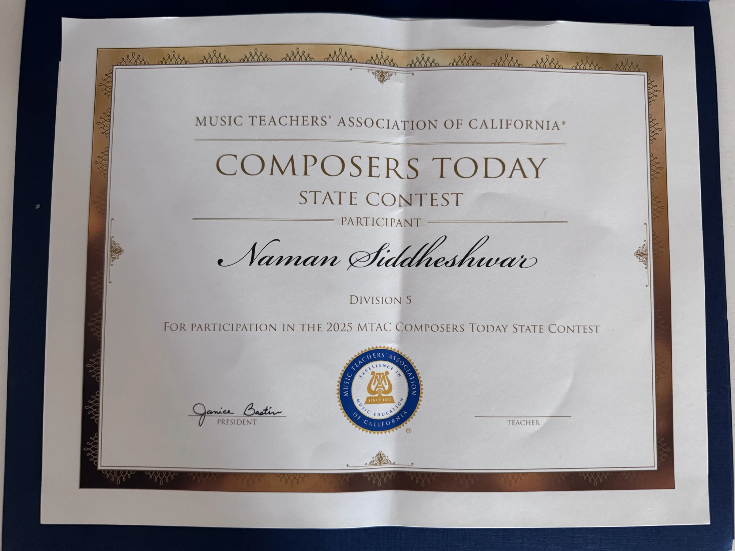 Music Teachers' Association of California Composers Today State Contest participation certificate