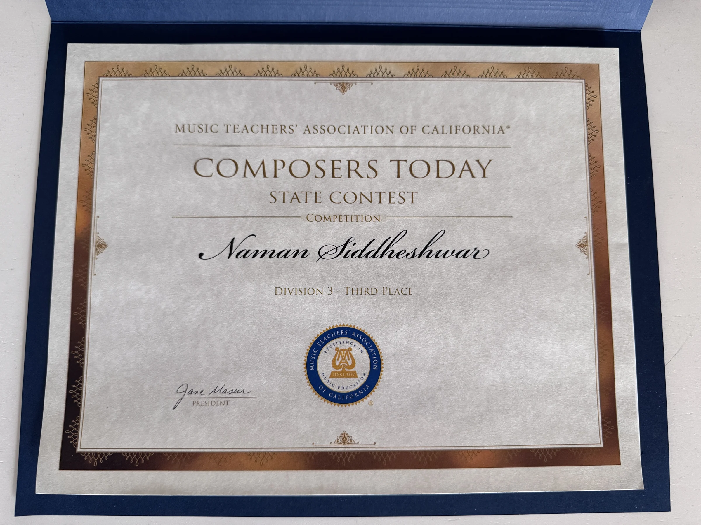 Music Teachers' Association of California Composers Today third-place certificate in Division 3
