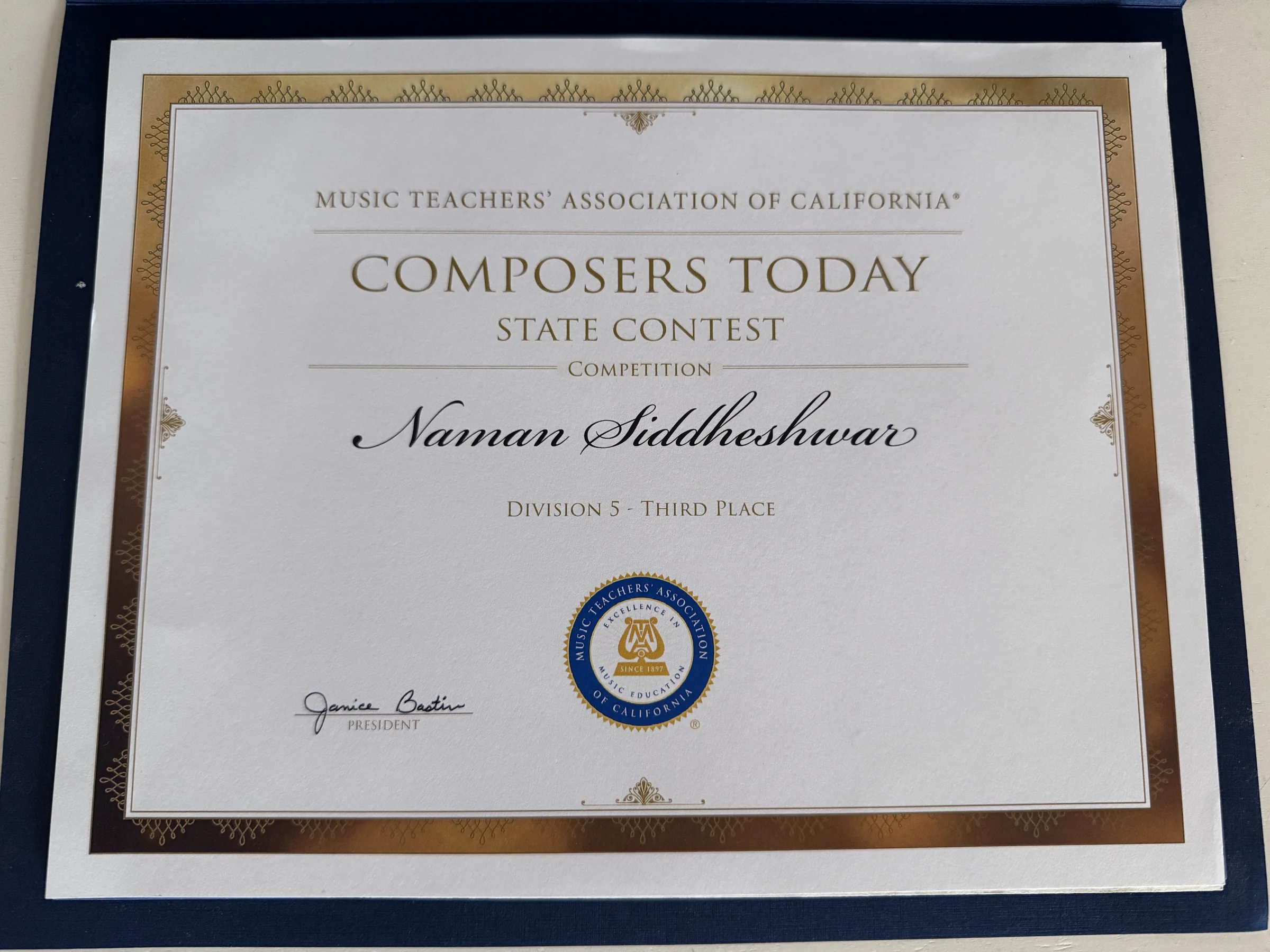 Music Teachers' Association of California Composers Today third-place certificate in Division 5