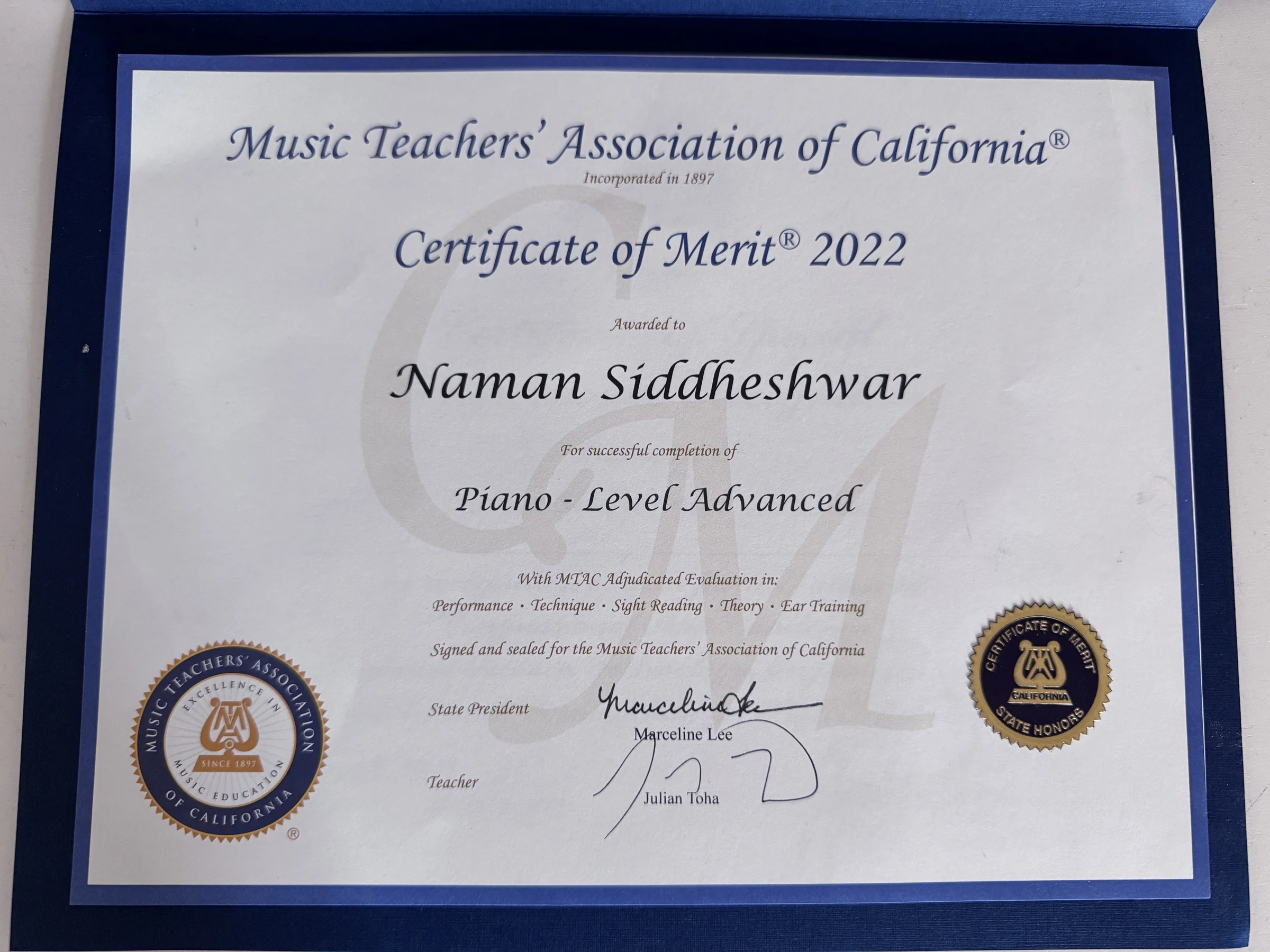 Music Teachers' Association of California Certificate of Merit for advanced piano