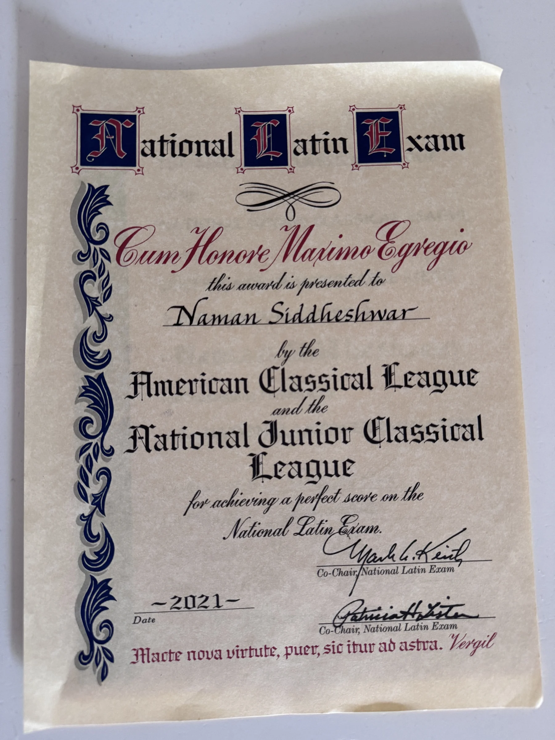American Classical League and National Junior Classical League National Latin Exam certificate