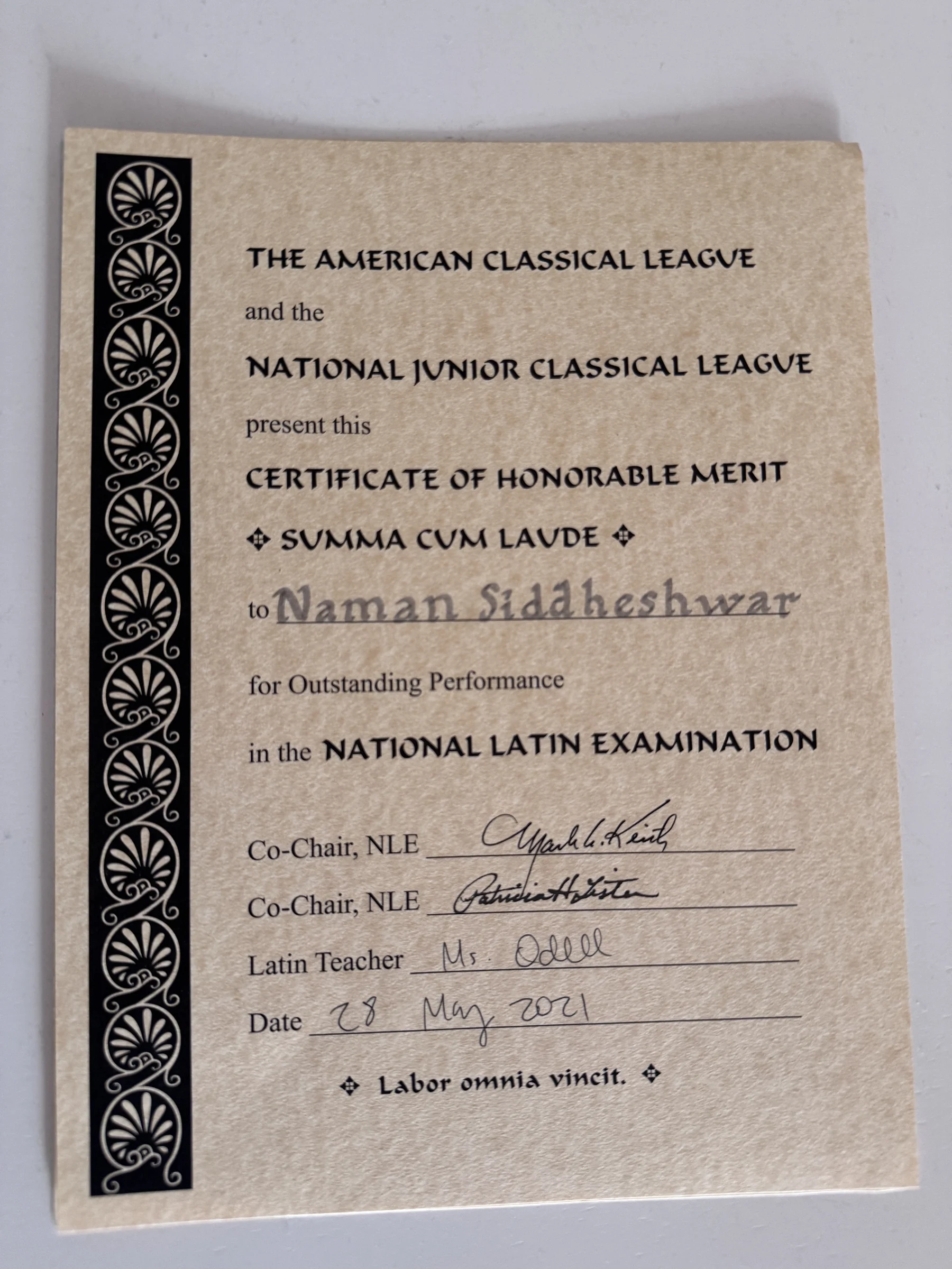 National Junior Classical League Summa Cum Laude certificate for the National Latin Examination