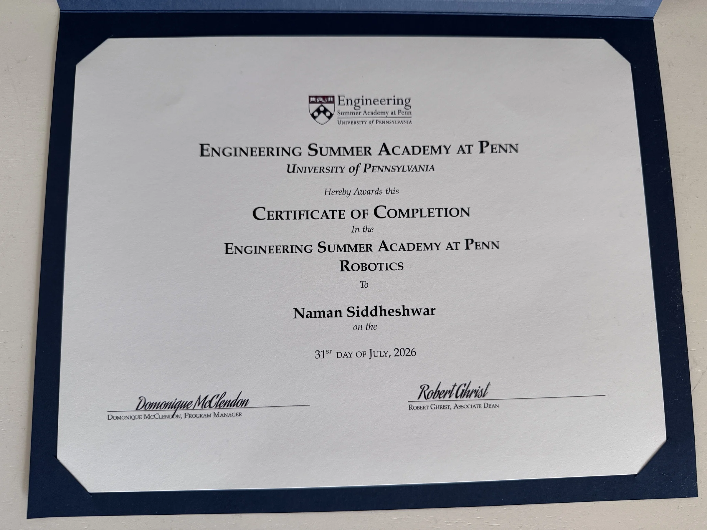 Penn Engineering Summer Academy certificate of completion in robotics
