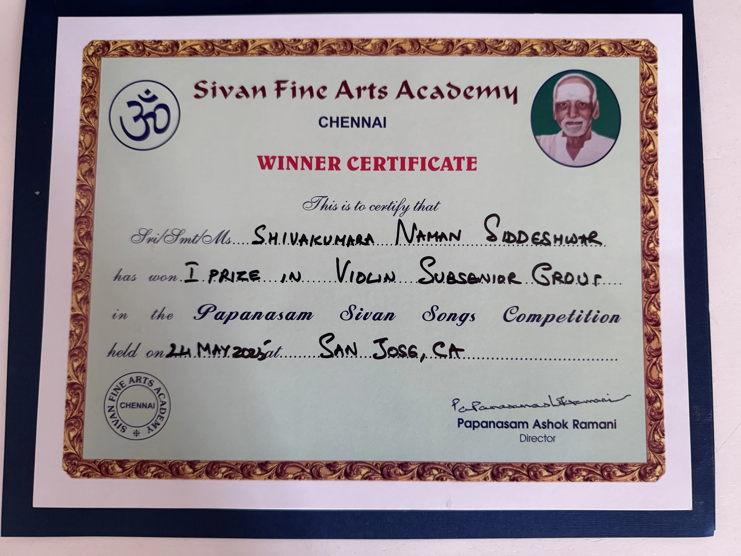 Sivan Fine Arts Academy winner certificate for senior group violin