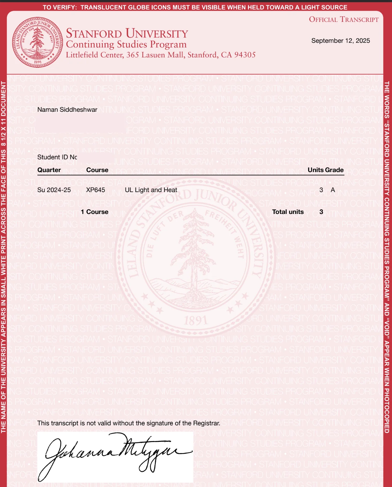 Stanford Continuing Studies transcript showing an A in Light and Heat