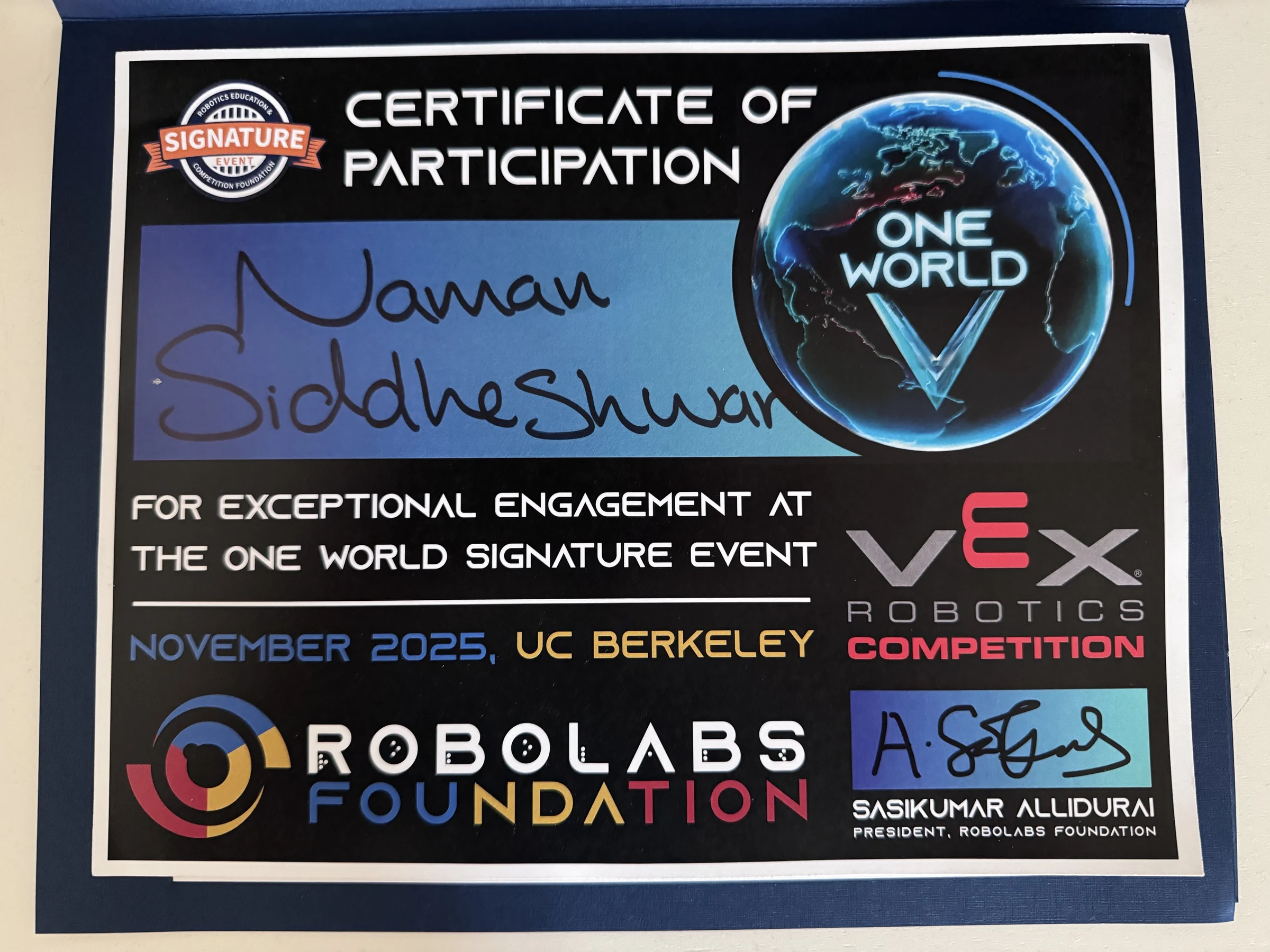 VEX Robotics certificate of participation at a One World Signature Event
