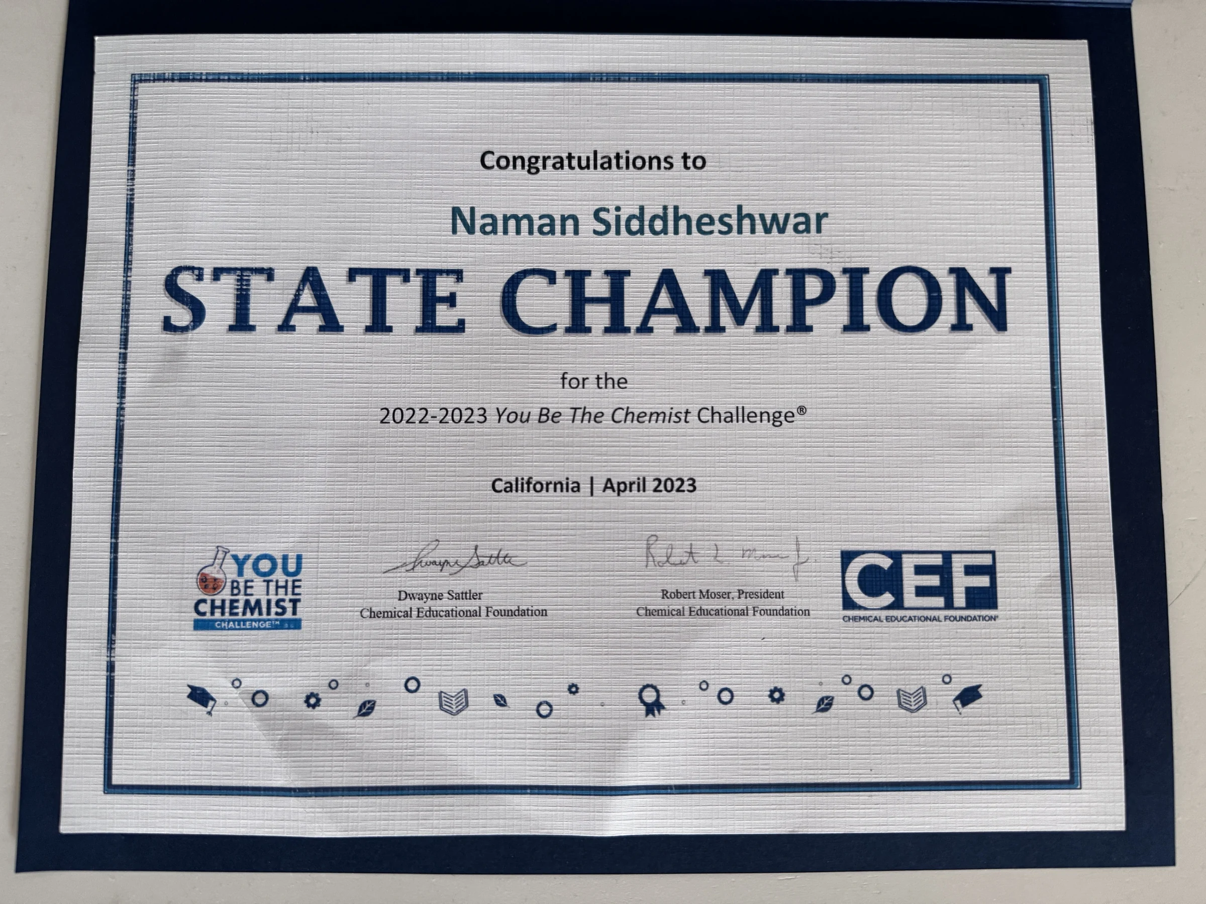 You Be The Chemist Challenge California State Champion certificate
